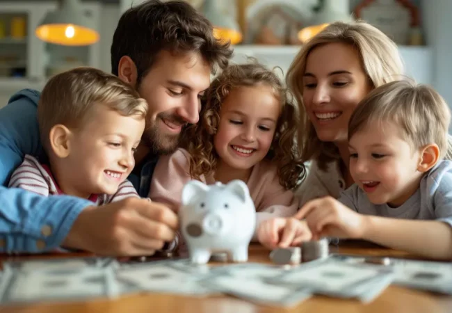Happy family saving money with piggy bank